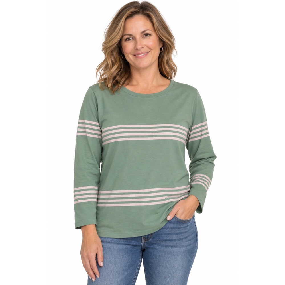 Talbots Womens Small Sage Green White Striped 3/4 Sleeve Cotton Boat Neck Top‎